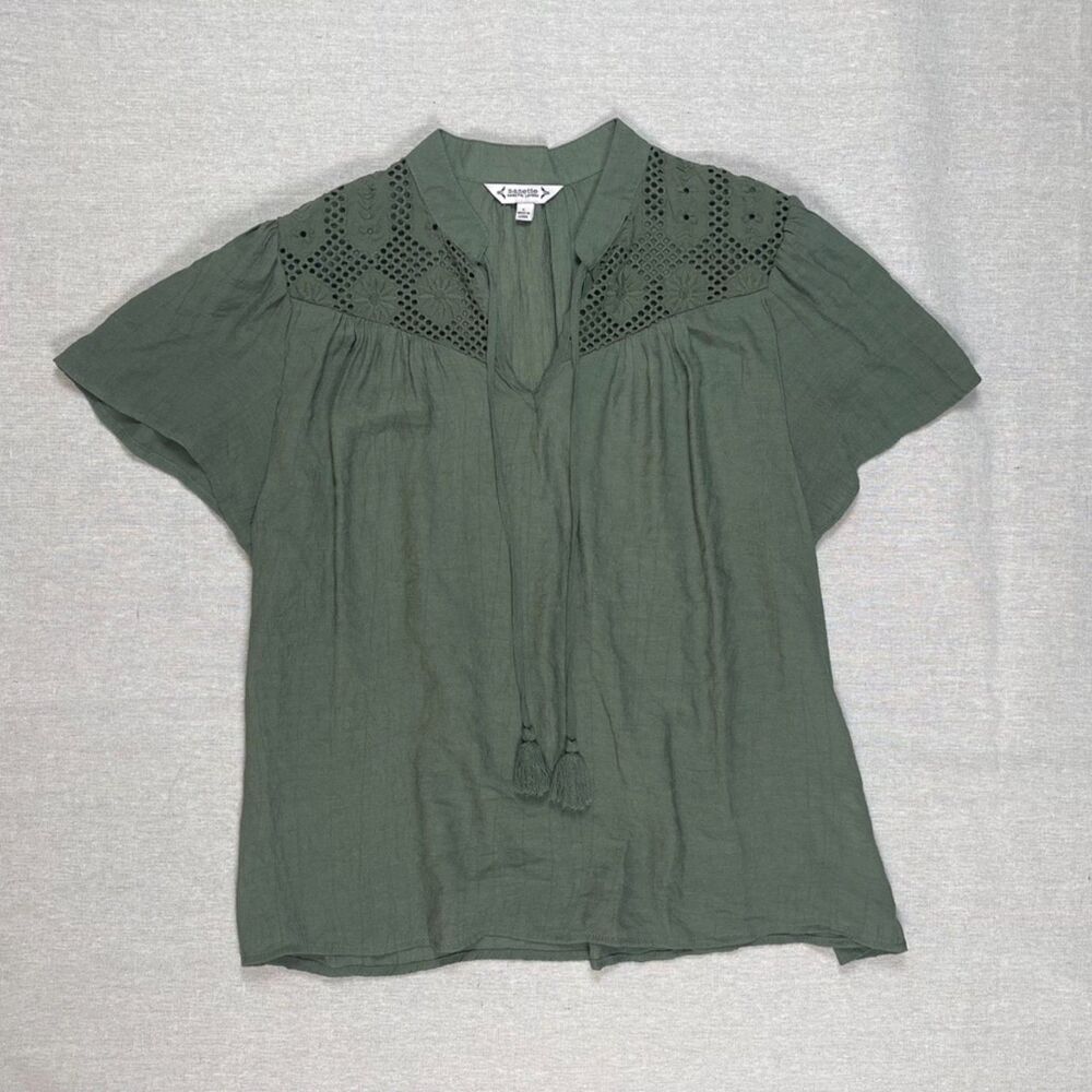 Nanette Lepore | Olive Green Lace Yoke Short Sleeve Top | Large